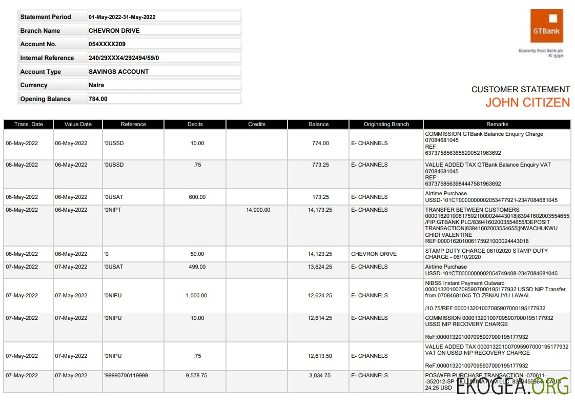 Relevé GTBank du Nigeria, modèle Word et PDF, version 2